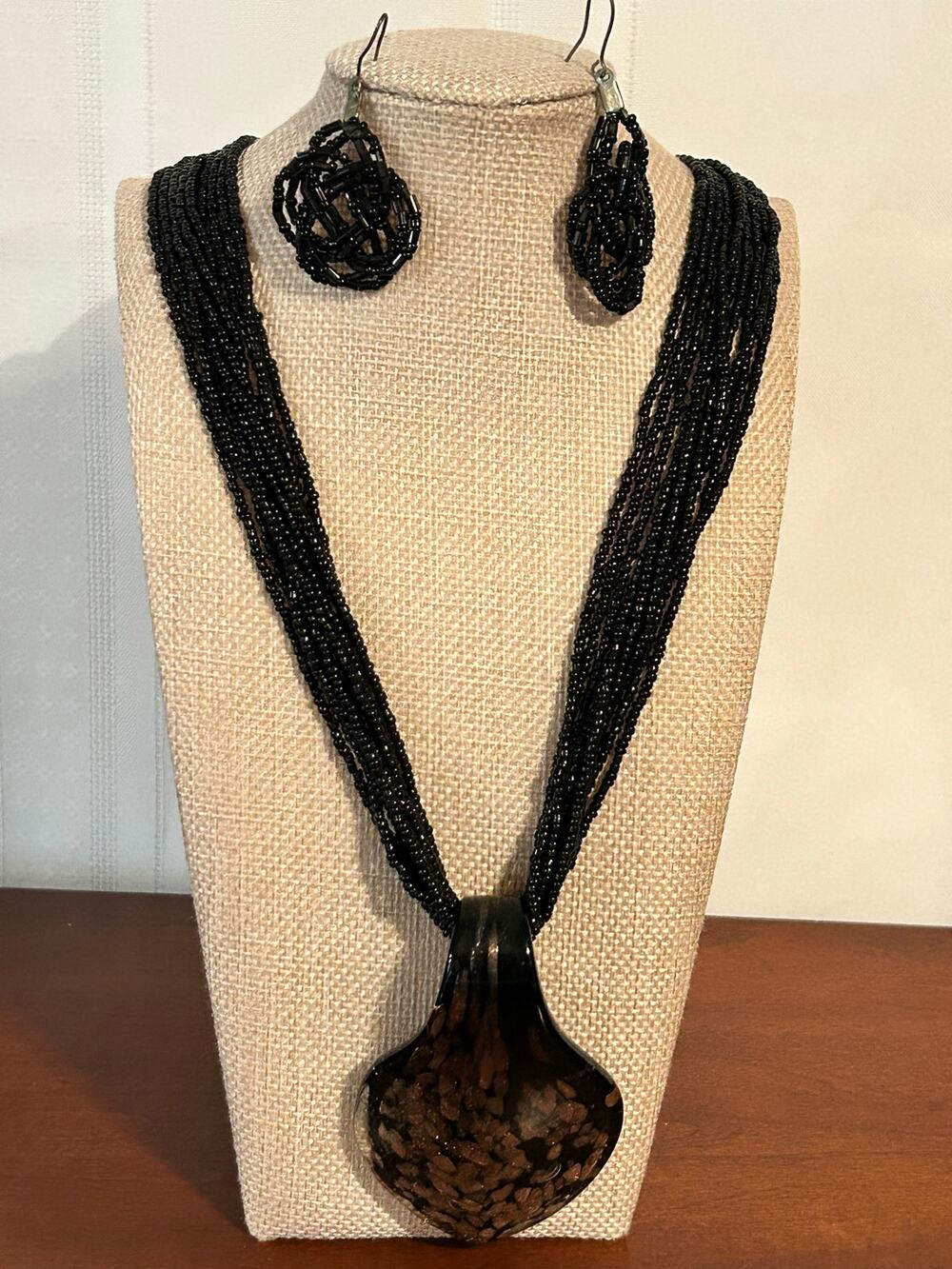 Artisan Black Copper Glass Teardrop Pendant Multi-Strand Beaded Necklace Set 20"